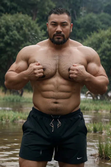 A short haired Mongolian man catching fish in a steam on a rainy day on mogolian grassland,rain drops falling on his skin，the fishing is jumping from his hands， mongol，Thick body hair, Strong masculine characteristics, sexy muscular body, partially male ha...