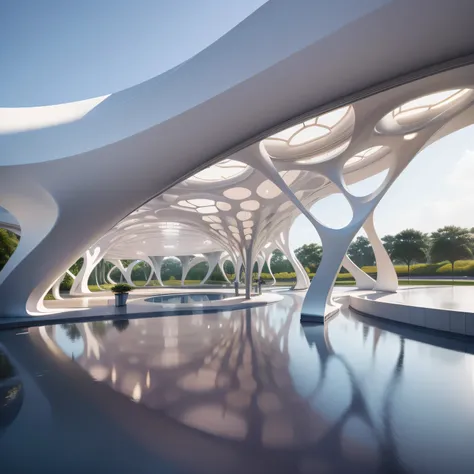 There is a huge white structure，There is a water feature in the middle, inspired by Zha Shibiao, by Zha Shibiao, Zaha Hadid octane highly render, Web portals. Zaha Hadid, in style of Zaha Hadid architect, Zaha Hadid style architecture, High quality archite...