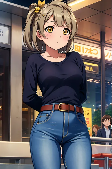 kotori minami, night, train station, tight jeans pants,sweater top,arms behind back, short hair, hair ornament, crotch lines, up...