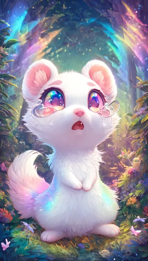 super deformed, furry, funny, best quality, super fine, 16k, white fluffy cute weasel, crying expression, cute pose, in the forest, fantasy world image, fantastic and mysterious, variety of visual styles that combine various artistic elements like a sparkl...