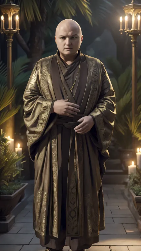 lord varys_l0r4va, (golden robe), slippers, standing in the garden, 1man, solo, beautiful detailed glow, detailed, cinematic lig...