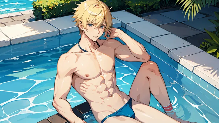 Blond haired anime style guy sitting at the side of a pool with speedo style light blue swimwear, anime character, male