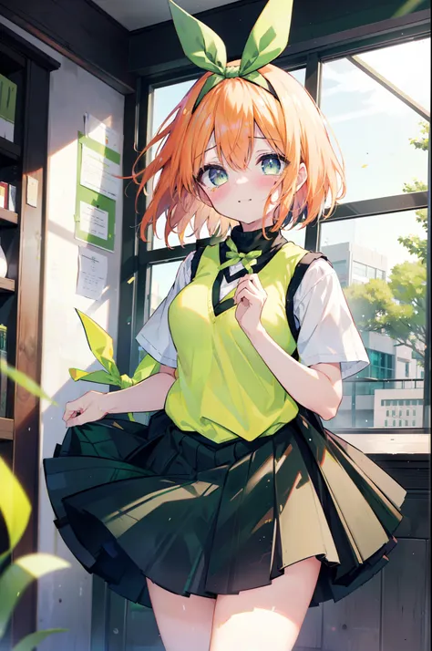 yotsubanakano, yotsuba nakano, bangs, short hair, blue eyes, hair between eyes, hair ribbon, hair band, orange hair, (green ribb...