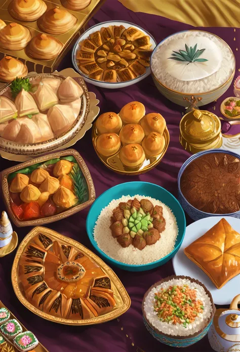 Illustrate a lavish spread of delicious Eid delicacies, including succulent lamb or goat dishes, aromatic rice, and an array of delectable sweets like baklava and maamoul.