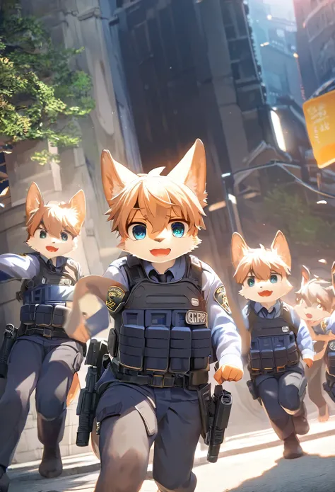 top quality, best quality, highres, masterpiece, super high resolution, detailed background, street, gasping for air(super handsome boys, dog)police officer, swat, police uniform, 6+boys, 6+girls, absurdres(highly detailed beautiful face and eyes)perfect a...