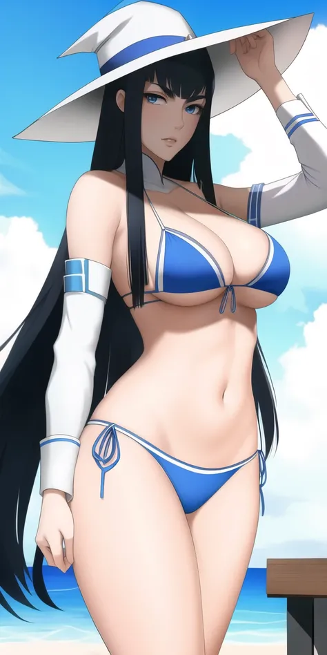 Satsuki Kiryuin en bikini y sombrero sentada en una mesa con comida., elegant bikini, bikini con tirantes, bikini blanco, con sombrero, con sombrero de paja, rutina de bikini, cautivador y tentador, dama seductora, hermosa modelo de bikini, chica sexy, wea...