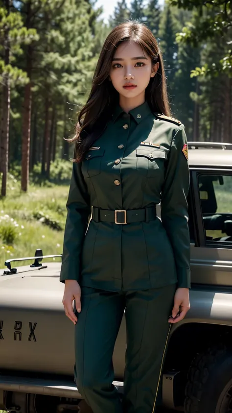 8k, highest quality, ultra detailed:1.37), Eliana, ((18 years)), a beautiful Asian girl, ((proudly stands in a military comando uniform)), representing her role as a commando. She wears a fitted luxury satin Silky Royal blue comando Shirt and Trouser. The ...