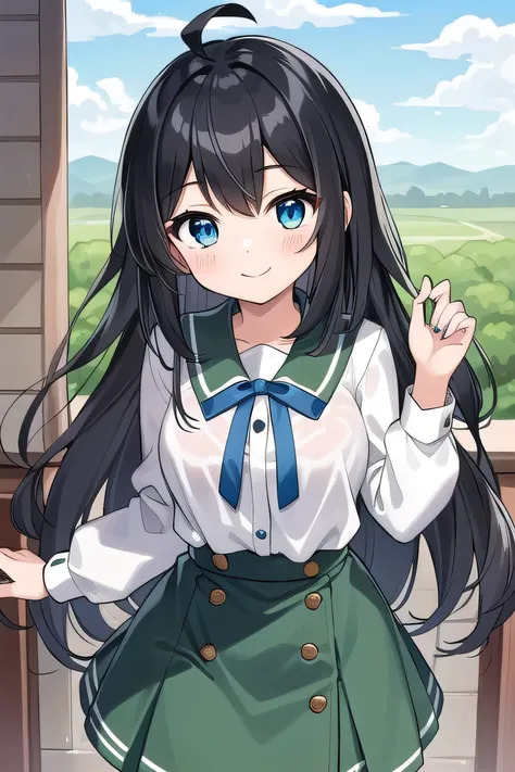 Junior high school student who looks like an elementary school student, 14 years old, very short, 140cm tall, black hair with a slight green tinge, short ahoge, beautiful long hair but with a little hair sticking out, beautiful round eyes, blue eyes, smile...