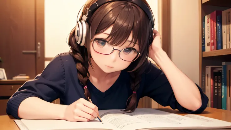 girl１people、night、my room、Concentrate on your studies、Braid、headphones、write in notebook、textbook、reference book、glasses、brown hair、focusing