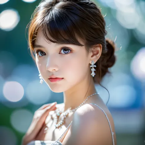 masterpiece, highest quality, figure, Sax Blue, platinum earrings, platinum necklace, white dress, 1 girl, cute, (dynamic lighting:1.2), cinematic lighting, delicate features, fine eyes, sharp pupils, realistic student, Depth of the bounds written, Bokeh, ...