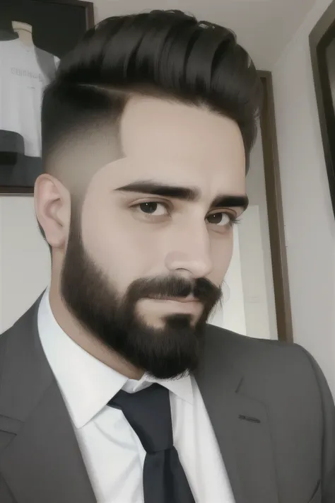 estilo realista, 32 year old young man, pelo negro, tono de piel blanca, barba con cara suave