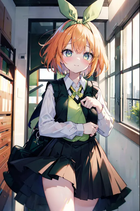 yotsubanakano, yotsuba nakano, bangs, short hair, blue eyes, hair between eyes, hair ribbon, hair band, orange hair, (green ribb...