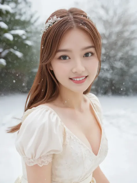 (masterpiece:1.2,highest quality),Photographed with an ultra-wide-angle lens,blur the background, Snowing background,1 High school girl,emphasizes the chest,(medium breasts),Cute  ,auburn hair,detailed and beautiful eyes,blushing face,healthy skin,looking ...