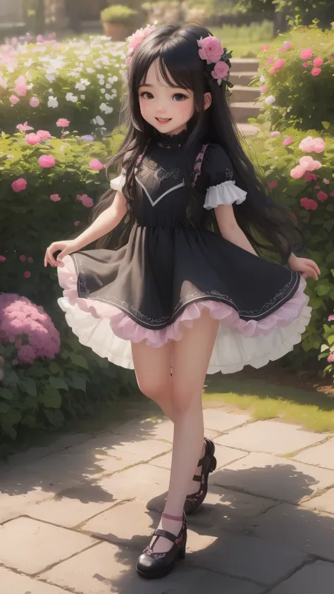 (masterpiece),(best quality),(ultra-detailed), (full body:1.2), 1girl, cute baby girl, smiling face, singing on cycle, black long hair, garden background, pink dress, 