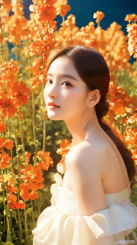 best quality, masterpiece, ultra high resolution, (lifelike:1.4), original photo, 1 girl, white dress, Off the shoulders, flower field, glowing skin, faint smile