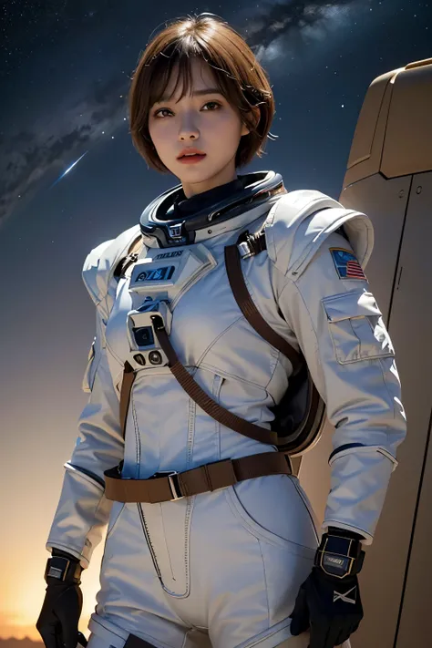 highest quality、masterpiece、ultra high resolution、(real:1.4)、Beautiful woman１、Beautiful details of eyes and skin、light brown short cut hair、small smile、latest space suit、space station、spaceship、Remains、cloudy sky、