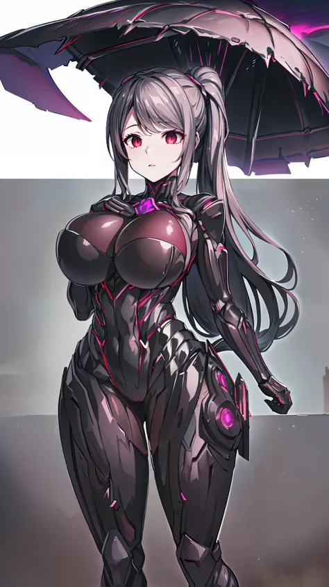 1 girl, Shalltear Bloodfallen,(Overload),((huge breasts 1.5)),silver hair,  Shining crimson eyes,absurd, brainwashing,empty eyes, mind control device,((No expression,erasure of emotions)), (black nano suit) , full body figure,(standing in メカnical box:1.5),...