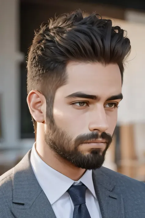 estilo realista, 32 year old young man, pelo negro, tono de piel blanca, barba con cara suave