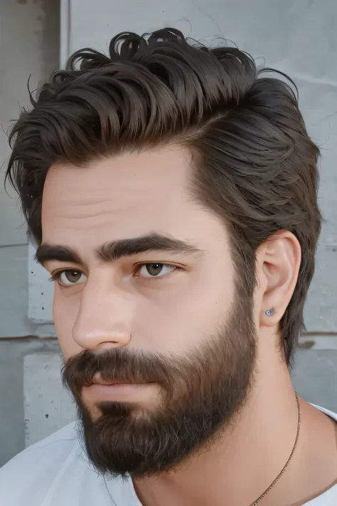 estilo realista, 32 year old young man, pelo negro, tono de piel blanca, barba con cara suave