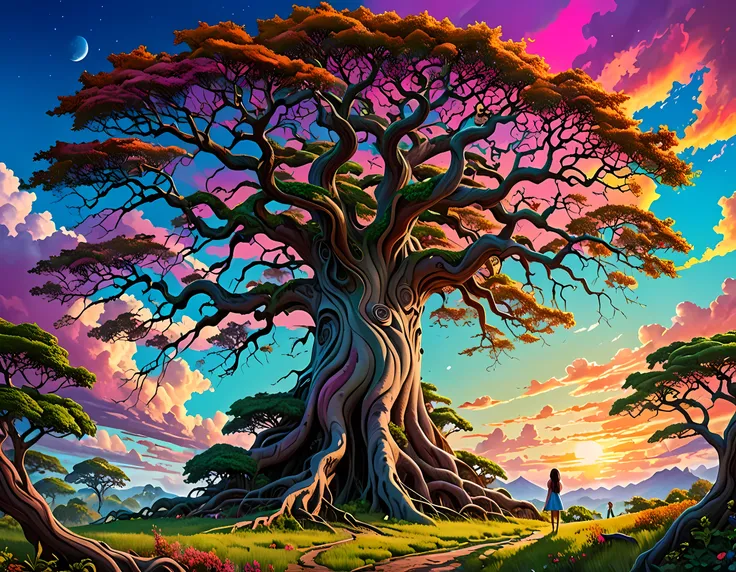 A surreal, dreamlike scene where a gigantic tree stands tall against a vibrant and colorful sky, its thick, gnarled branches reaching out in all directions. This tree apart is the fact that its branches are  laden with young girls, hundreds of them, clingi...