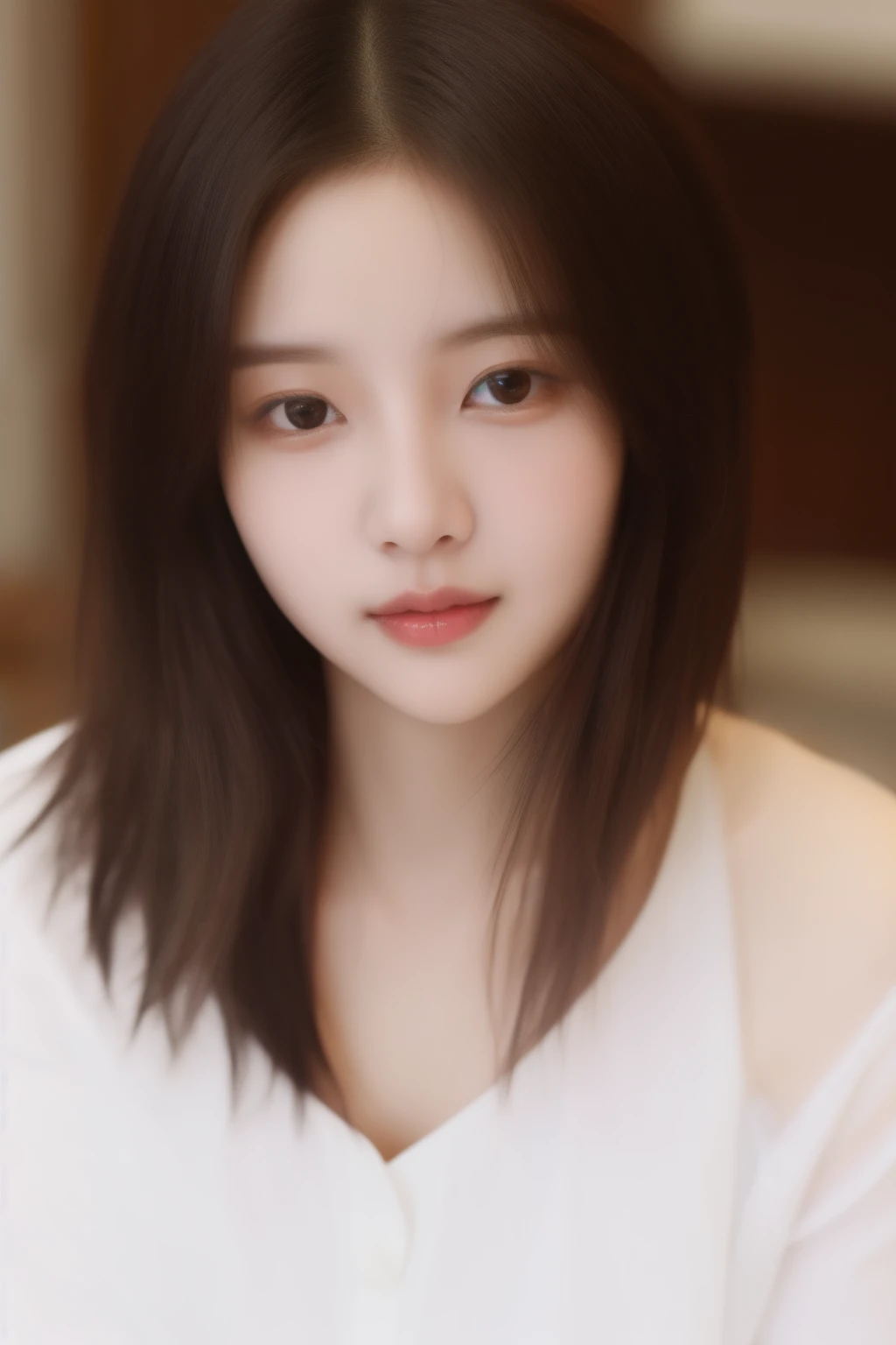 Close-up portrait of a woman sitting in a white shirt, white hime cut hairstyle, Nam Jae Young, black pink jenny, korean girl, Ulzzang, Lee Ji Eun, Lee Ji Eun,, long hair asian girl, beautiful korean woman, Young adorable Korean face and upper body, Choi H...