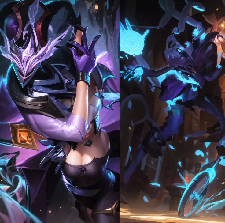 Two images of a woman in a purple suit and a man in a purple suit, Jazz and Los Dros, nixeu and sakimichan, Style League of Legends, League of Legends style, range murata and artgerm, los dross and jazz, jester