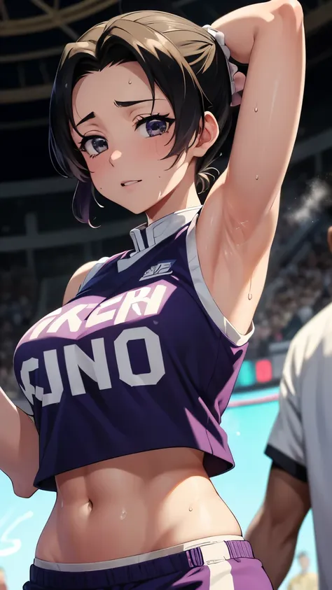 a close up of a person wearing a basketball uniform, a picture, inspired by Kentaro Miura, trending on pixiv, Shinobu Kochou, Demon Slayer, Kimetsu no Yaiba, wearing yellow nba jersey, yellow croptop nba jersey, wearing a low cut croptop, wearing croptop, ...