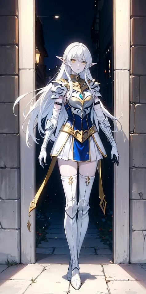 masterpiece, best quality, high quality, white SKIN elf, long hair, white hair, yellow eyes, full body, def_effie, blue breastplate, white skin, looking at viewer, shiny,armor, thighhighs, high boots,shoulder armor, faulds, poleyn, gloves, gauntlets
