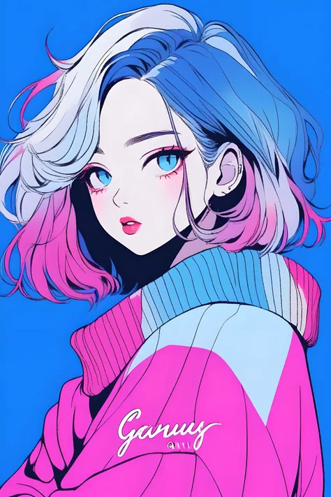 illustrator, japanese cartoons , actual ,sketch , 1 girl, ,lips, sweater,order, blue gradient background, neon hair,textured tri...