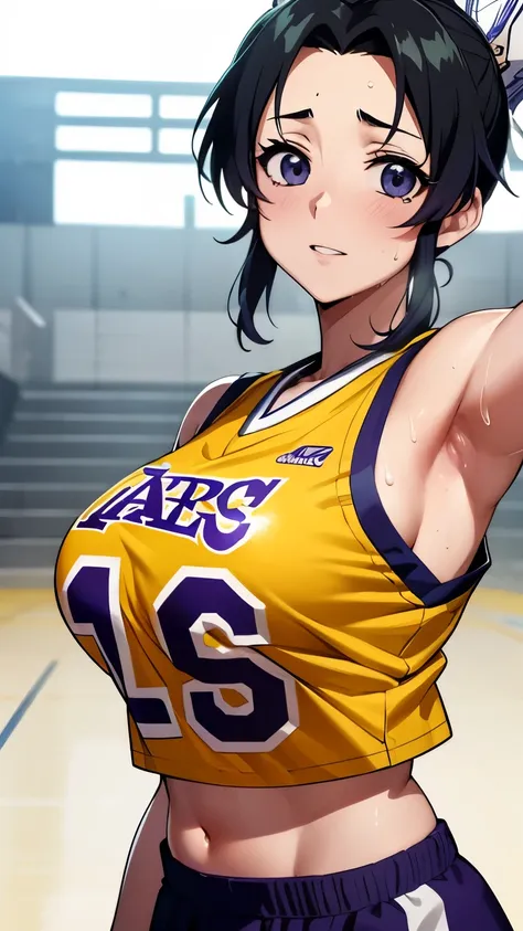 a close up of a person wearing a basketball uniform, a picture, inspired by kentaro miura, trending on pixiv, shinobu kochou, de...