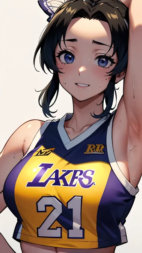 a close up of a person wearing a basketball uniform, a picture, inspired by Kentaro Miura, trending on pixiv, Shinobu Kochou, Demon Slayer, Kimetsu no Yaiba, wearing yellow nba jersey, yellow croptop nba jersey, wearing a low cut croptop, wearing croptop, ...