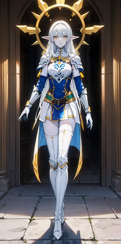 masterpiece, best quality, high quality, white SKIN elf, long hair, white hair, yellow eyes, full body, def_effie, blue breastplate, white skin, looking at viewer, shiny,armor, thighhighs, high boots,shoulder armor, faulds, poleyn, gloves, gauntlets