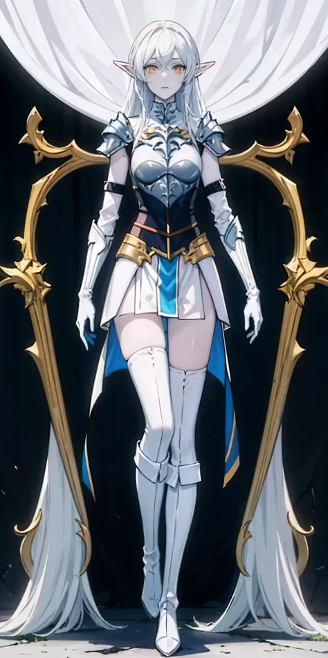 masterpiece, best quality, high quality, white SKIN elf, long hair, white hair, yellow eyes, full body, def_effie, blue breastplate, white skin, looking at viewer, shiny,armor, thighhighs, high boots,shoulder armor, faulds, poleyn, gloves, gauntlets