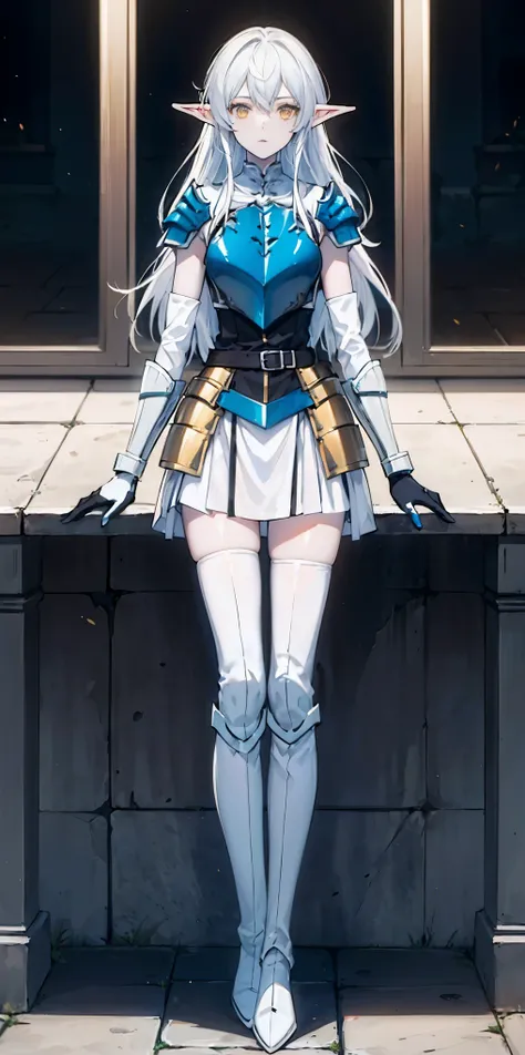 masterpiece, best quality, high quality, 1solo white SKIN elf, long hair, white hair, yellow eyes, full body, def_effie, blue breastplate, looking at viewer, shiny,armor, thighhighs, high boots,shoulder armor, faulds, poleyn, gloves, gauntlets