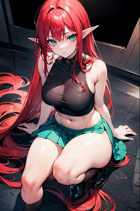 Realistic image, coherent image, detailed image, of 1 succubus elf. Wear a crop top, pleated miniskirt, showing the thong. He has red hair, long hair and turquoise eyes. She has a curvy body, medium breasts and thick thighs. She surrounded by a dark atmosp...