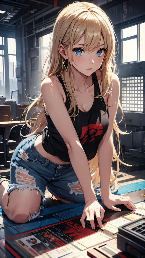 最high quality、best image quality、masterpiece、girl((18-year-old、 By becoming、vest bust、medium bust,wide open breast tea、shining eyes, blonde、messy hair、long hair、thin,highest valley、white distressed tank top、blue distressed pants、Wristband、have a smartphone...