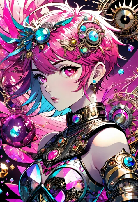 best quality, super fine, 16k, incredibly absurdres, extremely detailed, beautiful girl warrior fighting, red messy pixie cut, kaleidoscope of (Cyberpunk:0.7), steampunk, dieselpunk, and clockpunk, kaleidoscope made of hot pink and sparkling gold plated an...