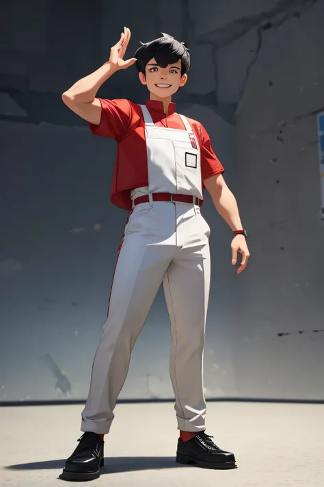 A young man wearing a red volunteer vest, white short sleeves, black pants, black leather shoes, black hair, the character is standing with a smile, normal eyes, Chinese hairstyle, partial anime image, Animated 3D image of a civil servant extending his rig...