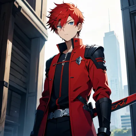 Anime boy, 16 year old, ginger hair, blue eyes, red and black outfit, sword