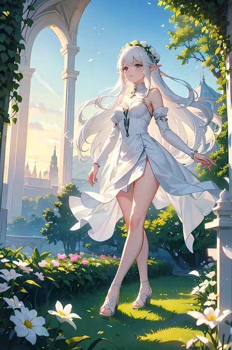 Best quality, masterpiece, Beautiful girl white hair, white dress, elf ears, walking in flower fields, beautiful scenery, sunrise, happy atmosphere, romantic art