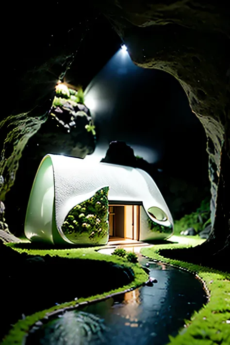 cozy house hidden in a cave, a 3D render, by Zha Shibiao, moss landscape, beautiful aesthetic design, organic form — ar 3:4