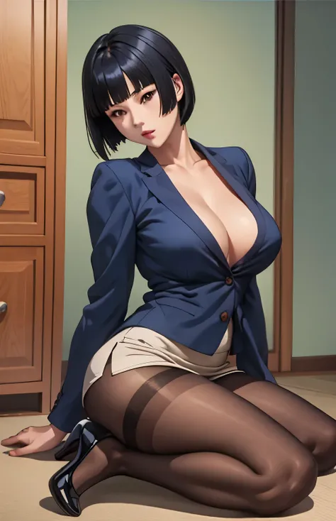 masterpiece, high quality, be familiar with, cinematic lighting, Shadow, digital official art, AojikaMizuho, 1 girl, alone,full body,short hair, black hair, black eyes, red lips, navy blue blazer, white shirt, short pencil skirt, beige pantyhose, black hig...