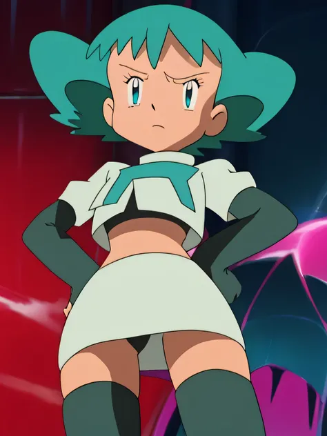 8k, masterpiece,highres,very large breast, team rocket uniform, red letter r, white skirt,white crop top,black thigh-high boots, black elbow gloves, glaring angrily, looking down at viewer, hands on hips, cowboy shot, zettai ryouiki,spread legs,from below,...