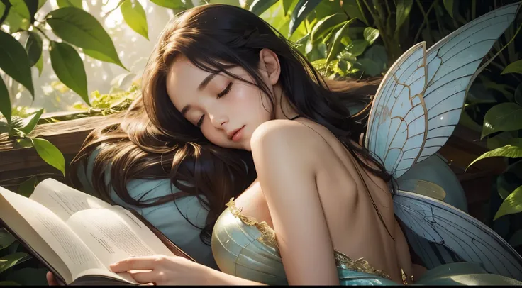 A beautiful fairy with wings、((On your back))、(Sleeping)、big breasts、pale hair、Upper body、close up of face、Lustrous lips、afternoon library、sunlight filtering through the foliage、high resolution、mysterious、high resolution、