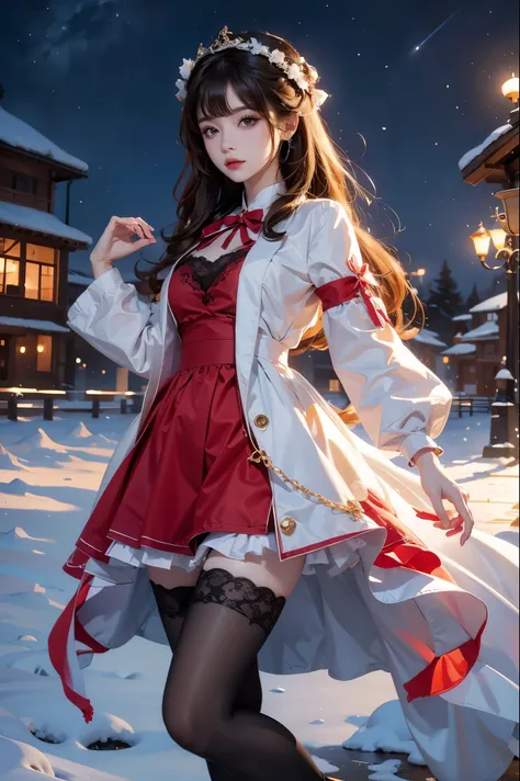 1 girl, bangs,stockings，lace，dress，outdoor，snow，snow花