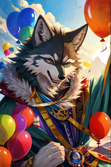 furry, male, anthro, (Wolf Tail), Solo, (Realistic eye details:1.2), (beautiful detailed eyes), anime character there is a Wolf man, Mountain View background, in the mountains, brightly colored balloons and balloons are flying in the air, overgrown with sh...