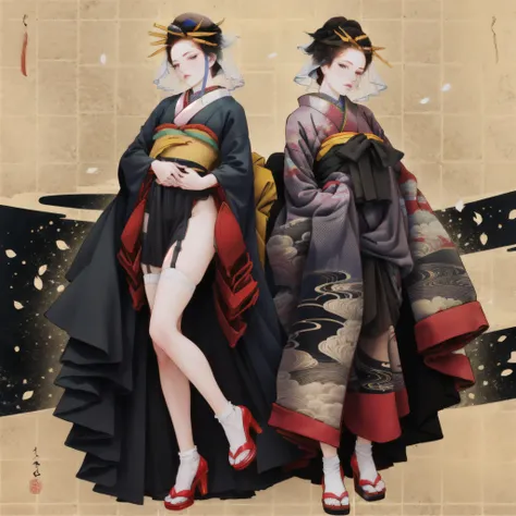 1 girl, alone, looking at the viewer,Open Crotch See-Through,Black face veil , black nylon , silk stockings ,See-through hakama、Transparent black kimono　,sheer lingerie,enamel high heels,pearl necklace,red collar,straight,　shortcut,　hair ornaments,　kimono
...