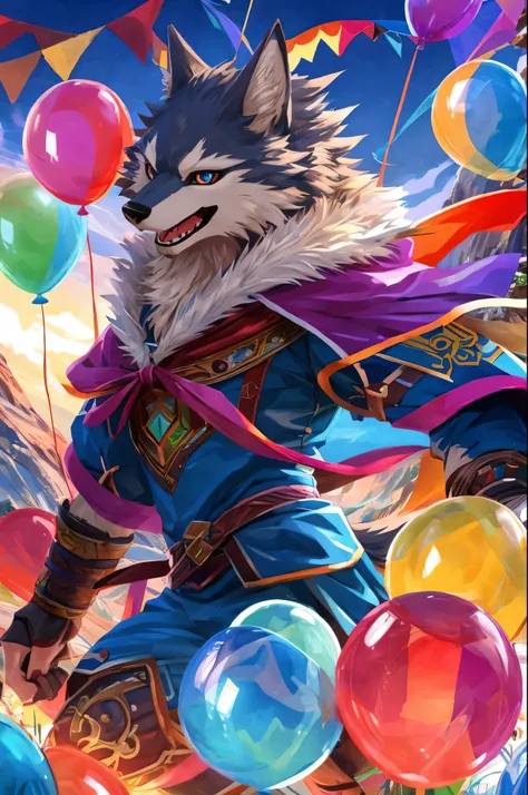 furry, male, anthro, (Wolf Tail), Solo, (Realistic eye details:1.2), (beautiful detailed eyes), anime character there is a Wolf man, Mountain View background, in the mountains, brightly colored balloons and balloons are flying in the air, overgrown with sh...