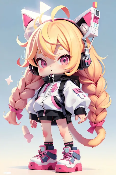 cute的女孩被透明塑料包裹着，cute、playful、quirky，blonde hair with two braids，mainly white clothing，pink accents，wearing cat ear shaped headph...