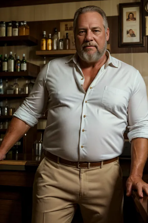 (best quality, highres, realistic:1.37), portrait, 60-year-old white man, disgusting, muscular chubby, kind, buttoned-up shirt, ...